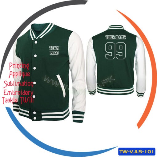Wholesale Green White Casual Varsity Jacket and Embroidery Logo TW-VJLS-101